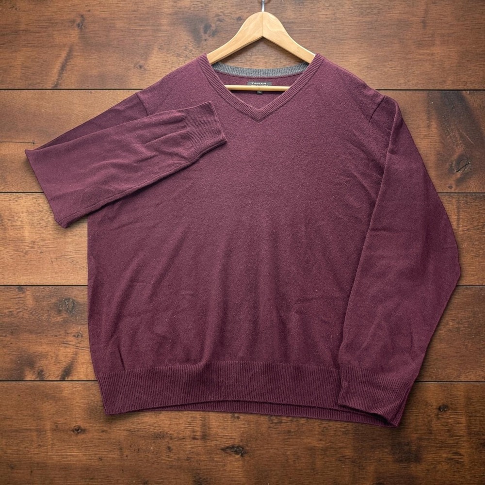 Tahari 100% Cashmere V-Neck Sweater Burgundy Wine Mens XL Luxury Knitwear